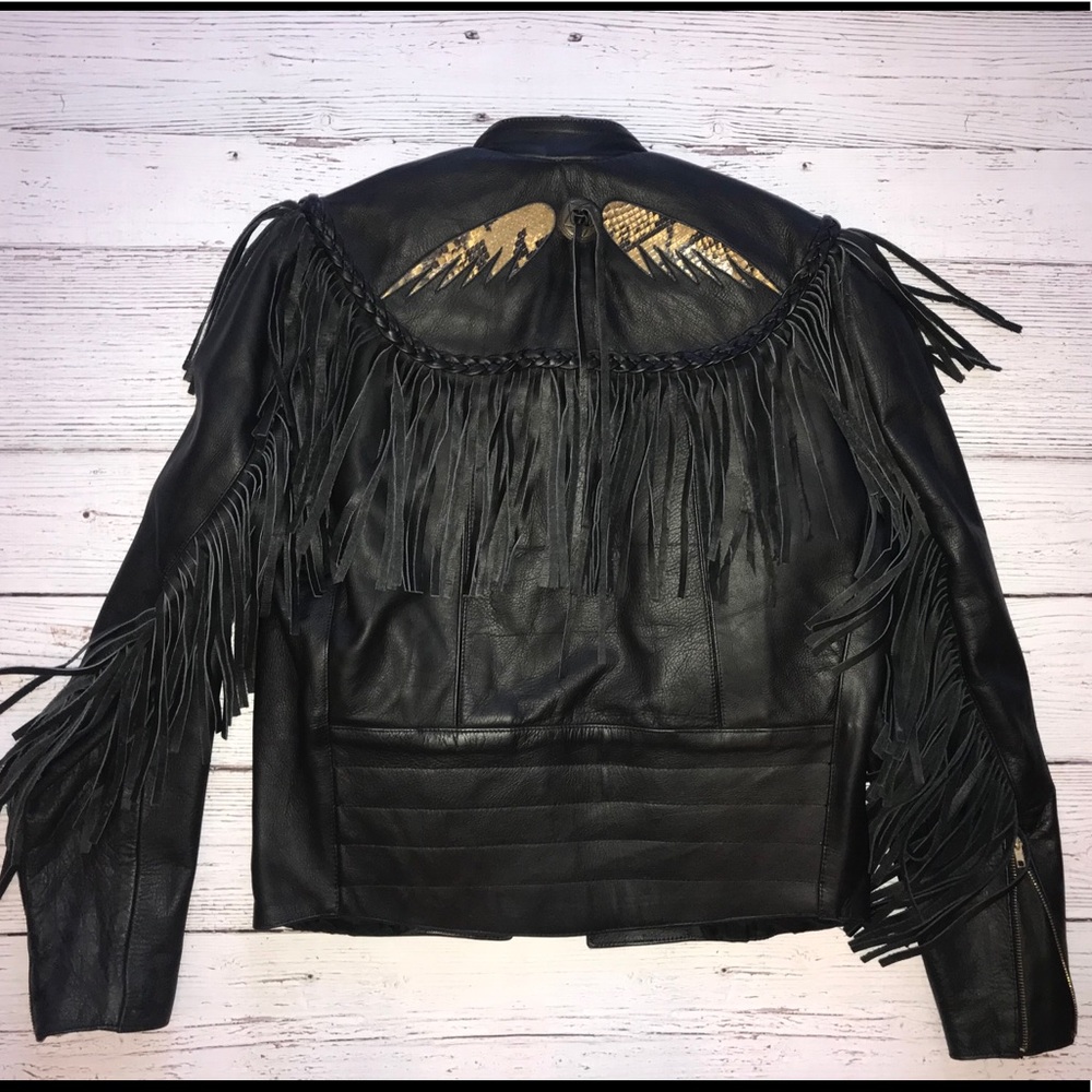 Park V Black Leather Fringe Jacket.